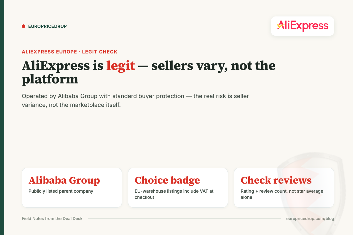 AliExpress is legit โ sellers vary, not the platform: Alibaba Group ownership, Choice-badge VAT handling, and checking seller reviews