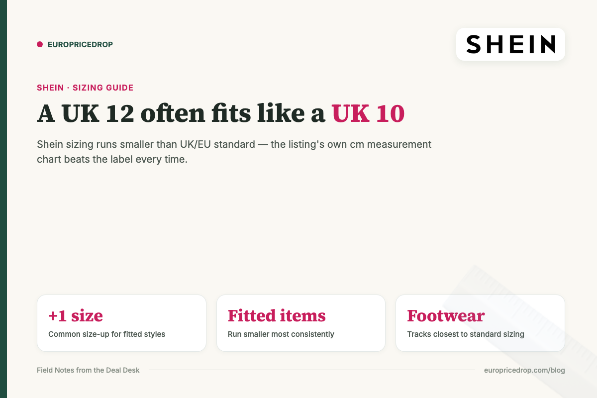 Shein sizing: a UK 12 often fits like a UK 10, fitted styles run smallest, footwear tracks closest to standard