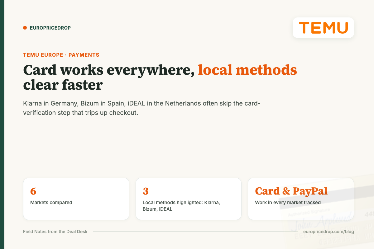 Temu Europe payments: card and PayPal work everywhere, local methods like Klarna, Bizum and iDEAL clear faster